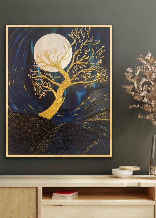 Lunaria – Doku Macunu ve Akrilik ile Hazırlanmış, Altın/Gümüş Varak Detaylı Tablo - Görsel 5
